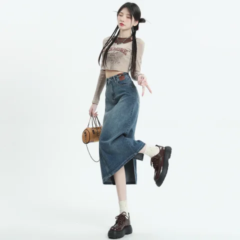 復古牛仔半身裙高腰開叉中長款裙子