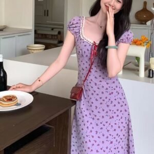 度假風・方領・碎花・中長版洋裝