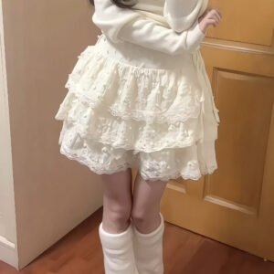 杏色／白色・高腰・蛋糕・蕾絲・蝴蝶結・短版半身裙