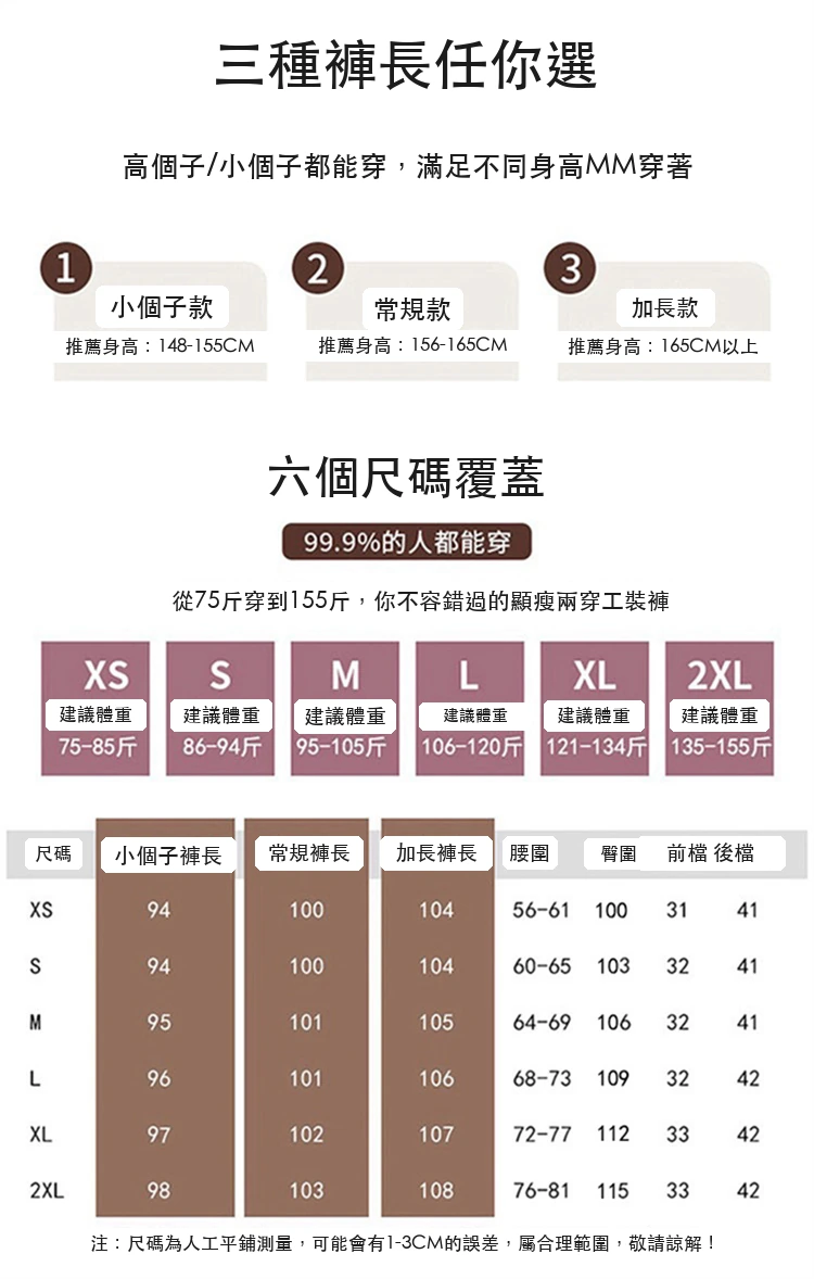 現貨工裝褲女2025夏季薄款高腰束腳闊腿兩穿薄款休閒運動褲・15 色/褲長可選 尺寸表與尺寸建議