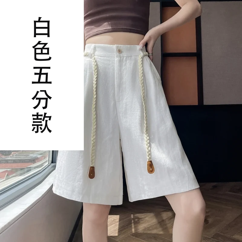 天絲亞麻五分褲A字闊腿高腰棉麻薄款短褲・4 色/褲長可選 白色五分款