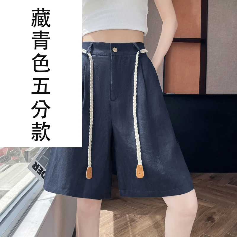 天絲亞麻五分褲A字闊腿高腰棉麻薄款短褲・4 色/褲長可選 藏青色五分款