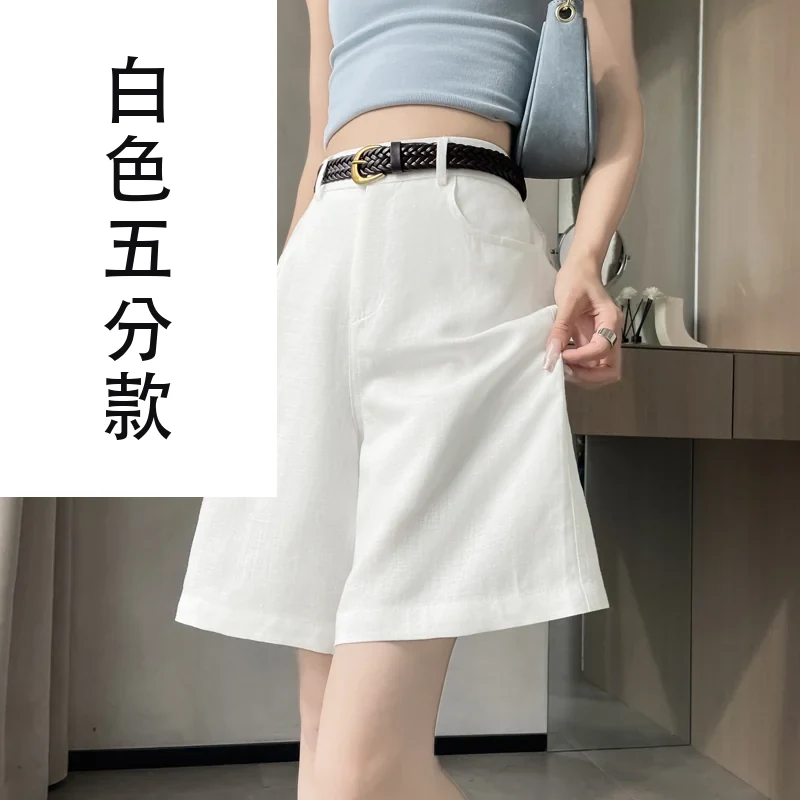 天絲亞麻五分褲A字闊腿高腰棉麻薄款短褲・4 色/褲長可選 白色五分款