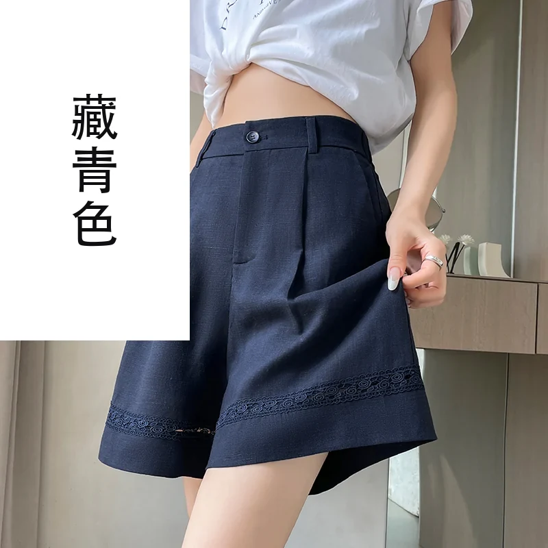 天絲亞麻五分褲A字闊腿高腰棉麻薄款短褲・3 色/褲長可選 藏青色