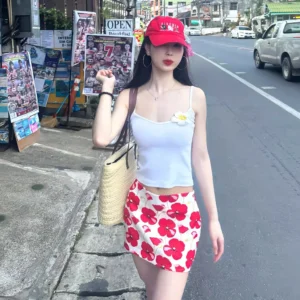 紅色花朵・高腰・A字・包臀・短版半身裙・款號YD237-3481