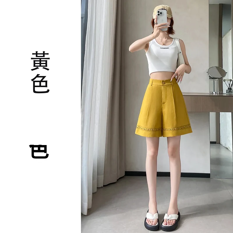 天絲亞麻五分褲A字闊腿高腰薄款休閒褲・3 色/褲長可選 黃色