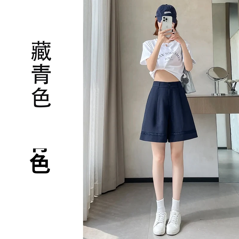 天絲亞麻五分褲A字闊腿高腰薄款休閒褲・3 色/褲長可選 藏青色
