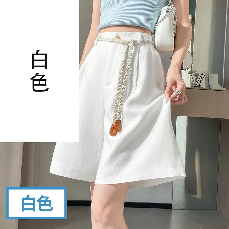 天絲亞麻五分褲闊腿A字短褲薄棉麻休閒褲・4 色/褲長可選 白色