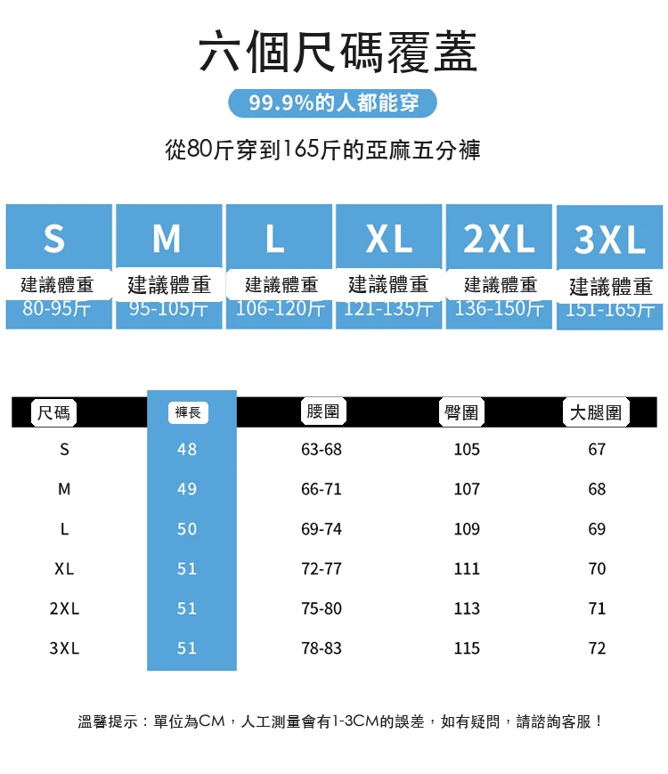 天絲亞麻五分褲闊腿A字短褲薄棉麻休閒褲・4 色/褲長可選 尺寸表與尺寸建議