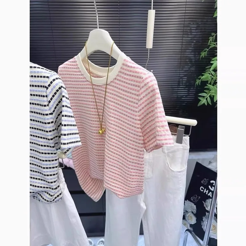 藍色/粉色・條紋・夏日・短袖上衣 版型展示