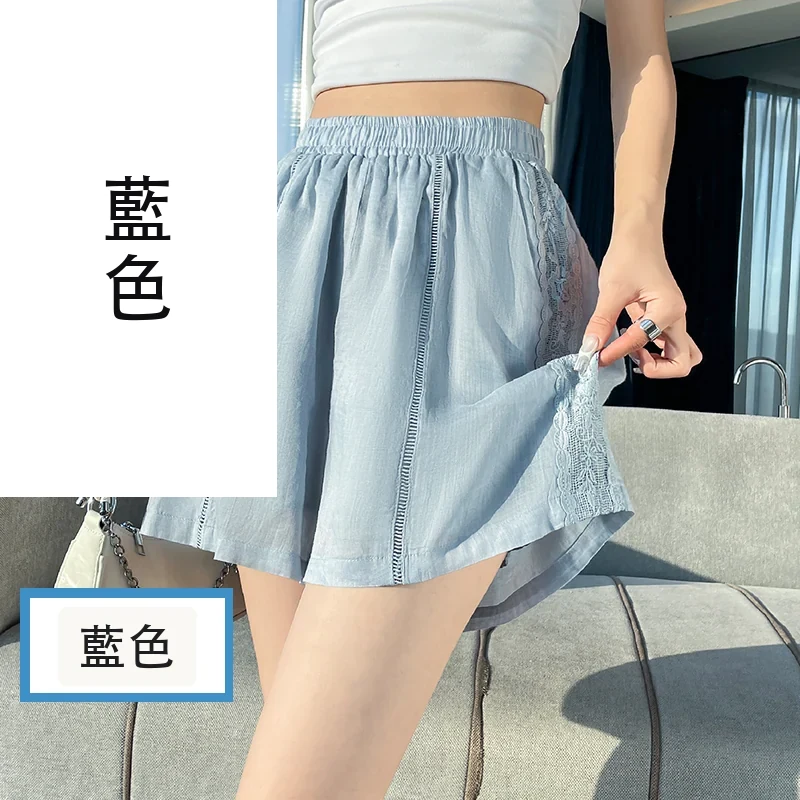 天絲亞麻闊腿褲短褲蕾絲A字薄款休閒褲・4 色/褲長可選 藍色