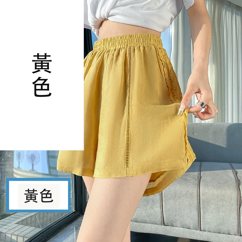 天絲亞麻闊腿褲短褲蕾絲A字薄款休閒褲・4 色/褲長可選 黃色