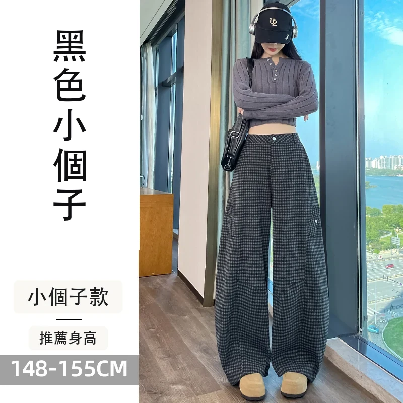 i加絨毛呢格子彎刀工裝褲高腰兩穿休閒褲・18 色/褲長可選 黑色小個子