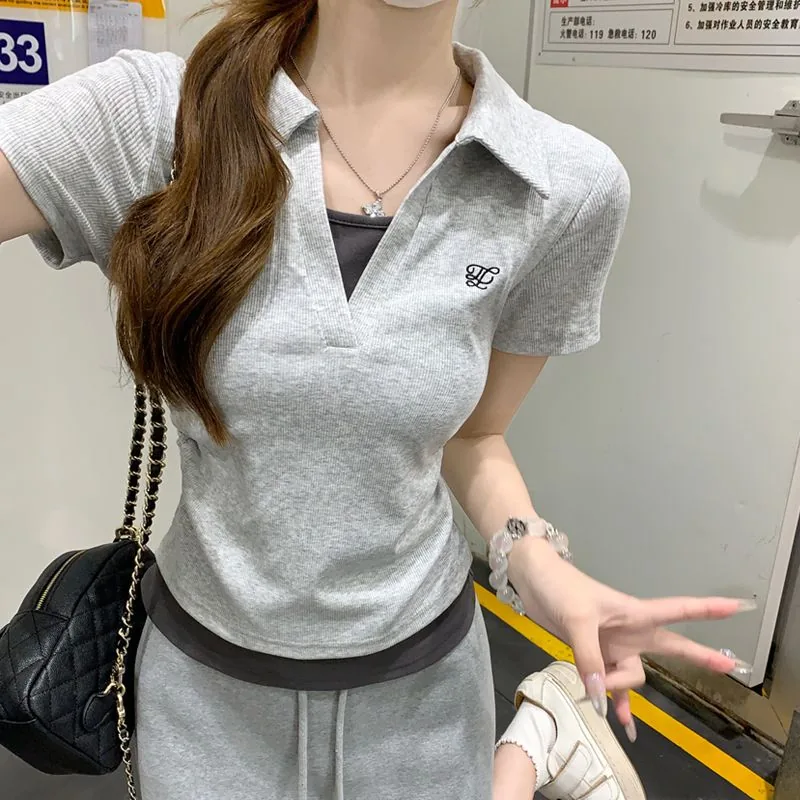 淺藍色 40支1*1罗纹/灰色 40支1*1罗纹・刺繡・夏日・短袖上衣 版型展示