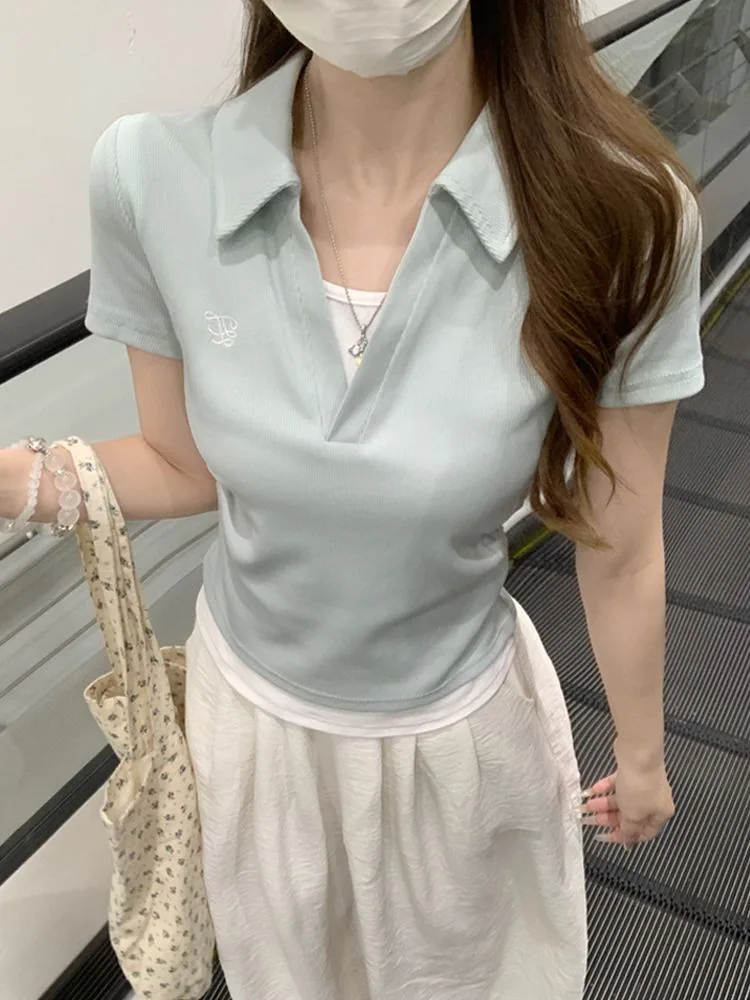 淺藍色 40支1*1罗纹/灰色 40支1*1罗纹・刺繡・夏日・短袖上衣 設計細節