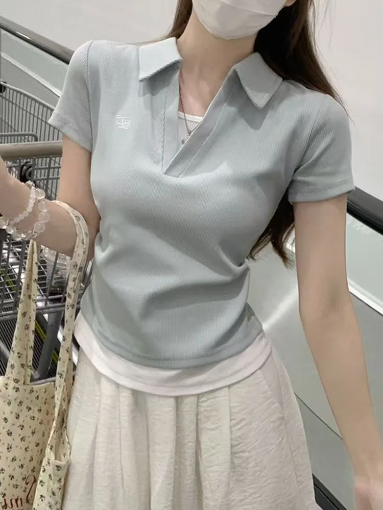 淺藍色 40支1*1罗纹/灰色 40支1*1罗纹・刺繡・夏日・短袖上衣 設計細節