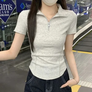 多色可選修身夏日灰色40支1*1羅紋短袖上衣