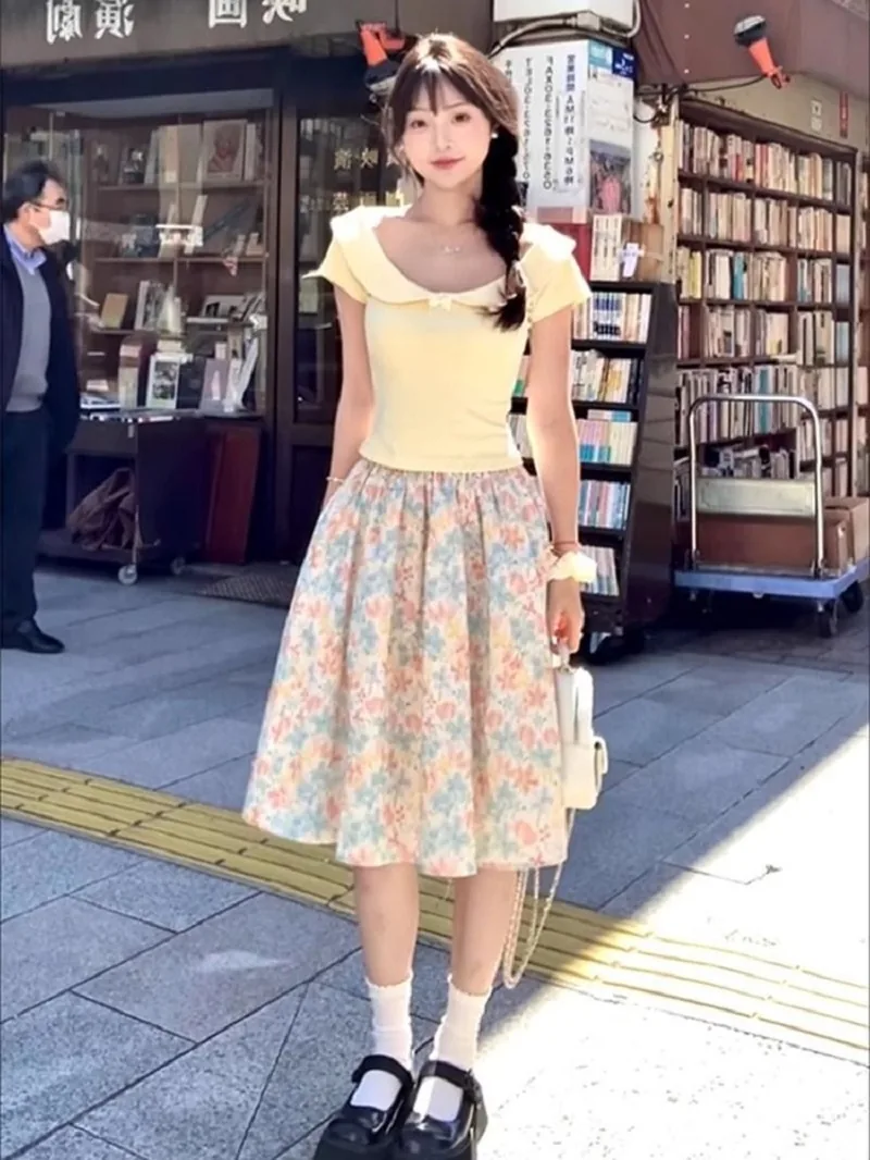 黃色・短版・修身・夏日・短袖上衣 版型展示