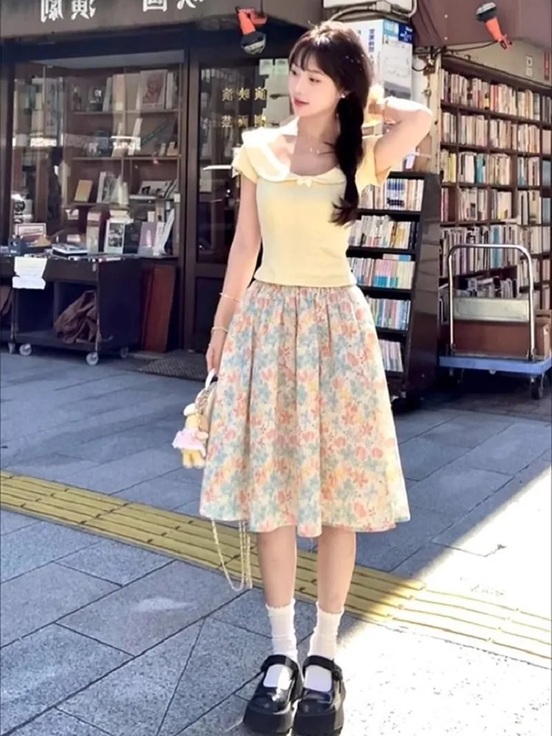 黃色・短版・修身・夏日・短袖上衣 版型展示