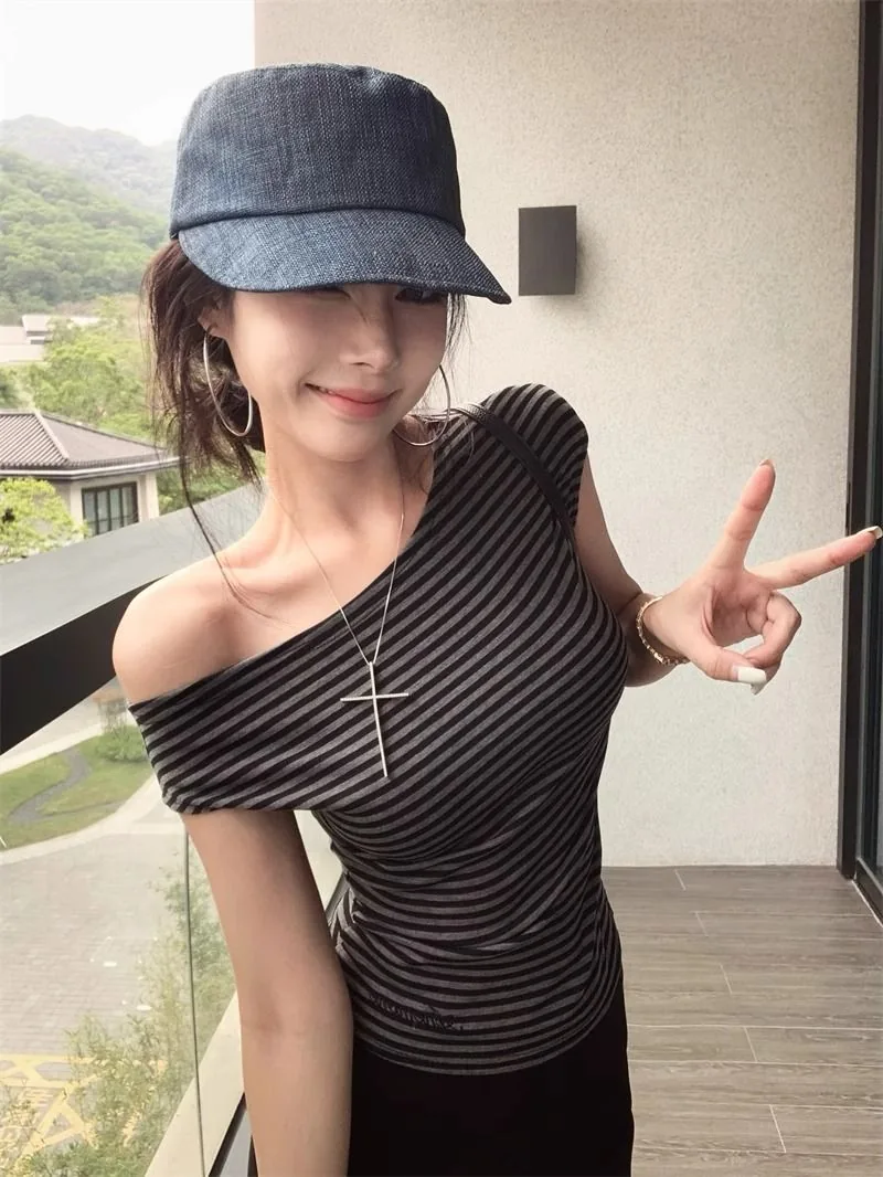 条纹・條紋・修身・露肩・短袖上衣 版型展示