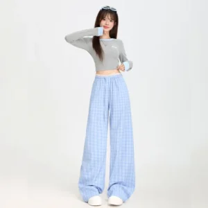 蕾絲休閒藍色格子闊腿褲女寬松高腰垂感窄版直筒拖地褲子