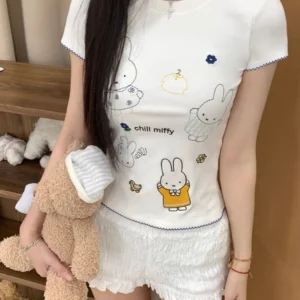 白色・刺繡・短版・修身・夏日・短袖上衣