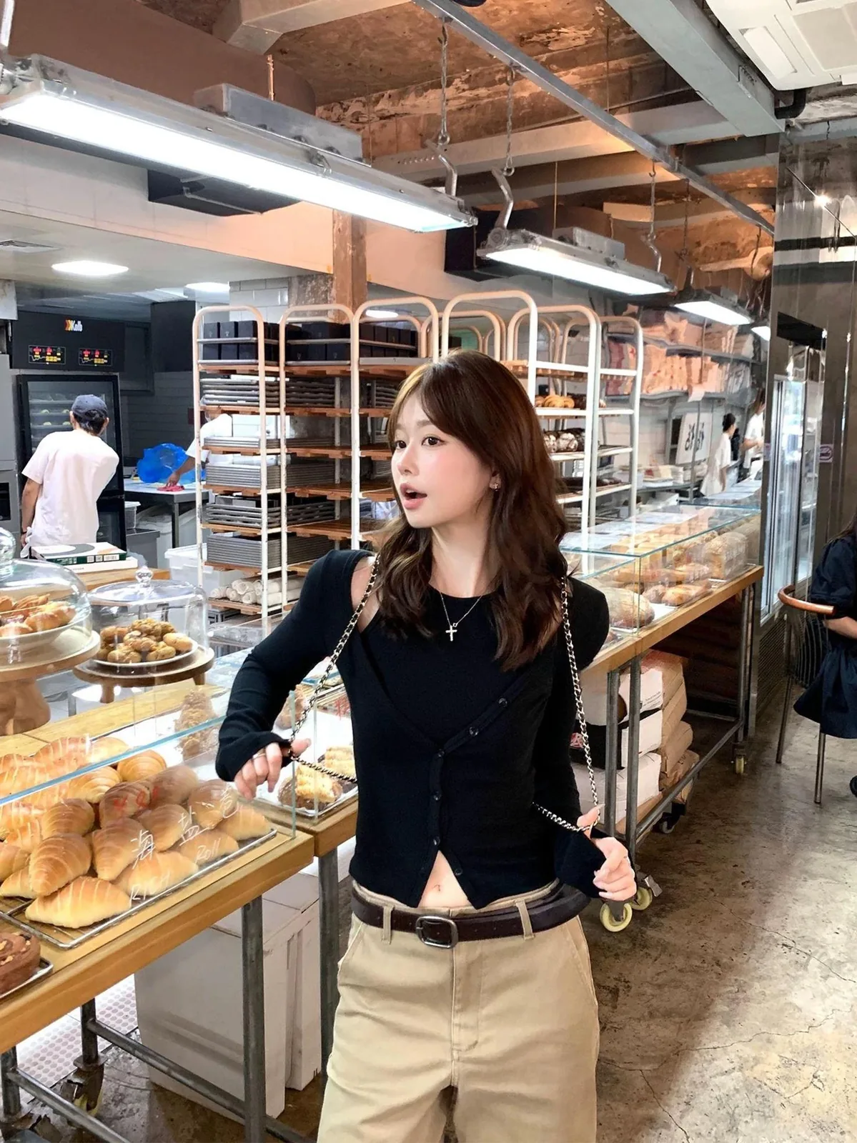 咖色/黑色・修身・短袖上衣 版型展示