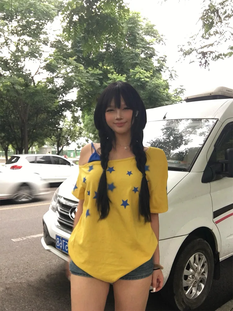黃色・印花・寬鬆・夏日・短袖上衣 設計細節