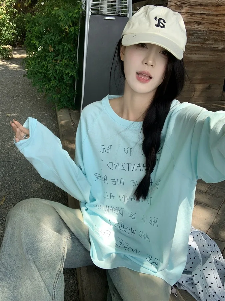藍色・印花・寬鬆・短袖上衣 版型展示