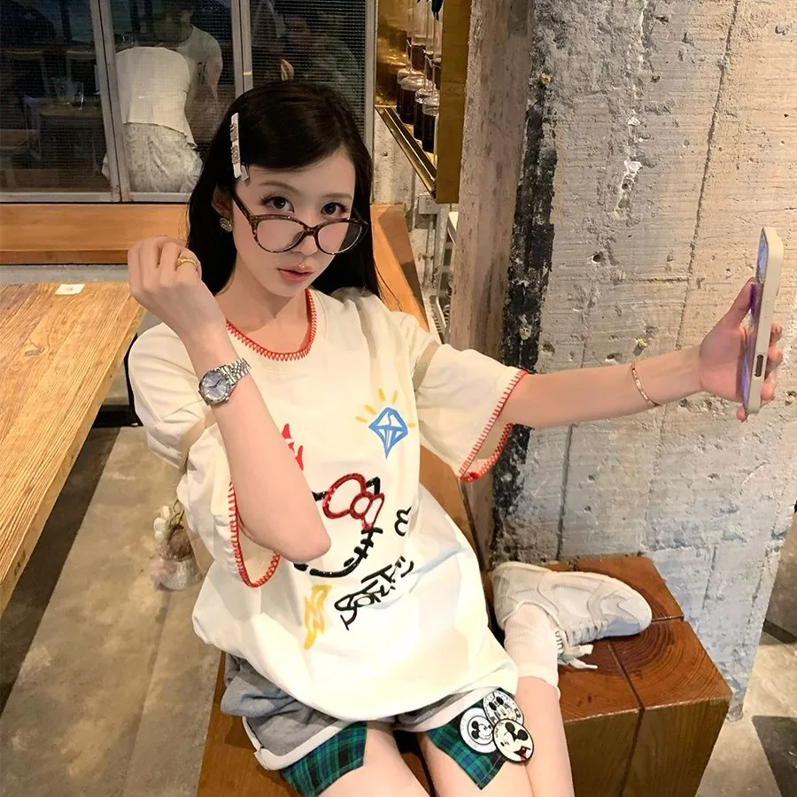 杏色・印花・寬鬆・夏日・短袖上衣 版型展示