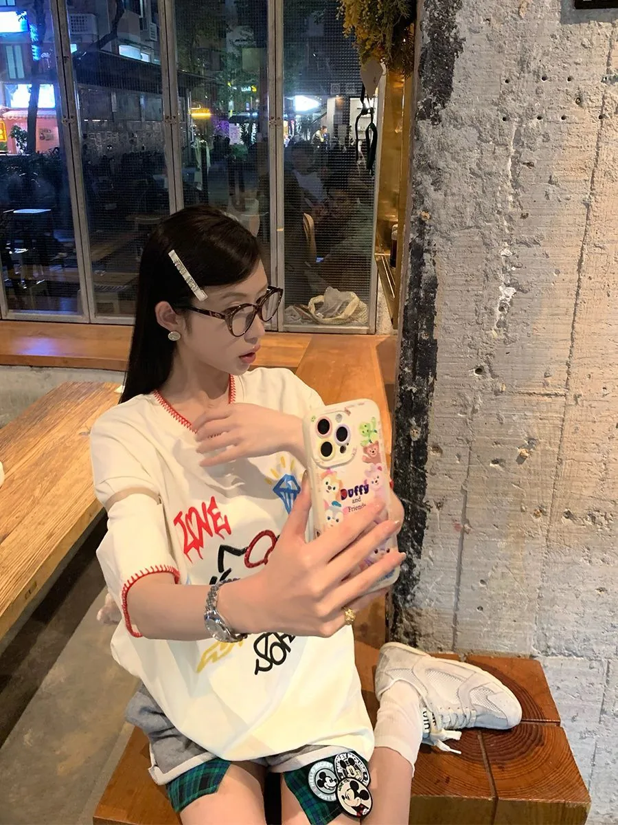 杏色・印花・寬鬆・夏日・短袖上衣 版型展示