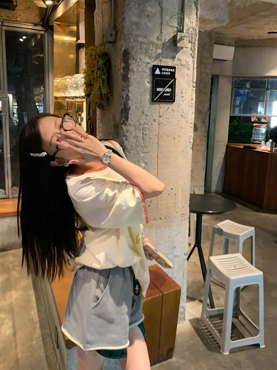 杏色・印花・寬鬆・夏日・短袖上衣 版型展示