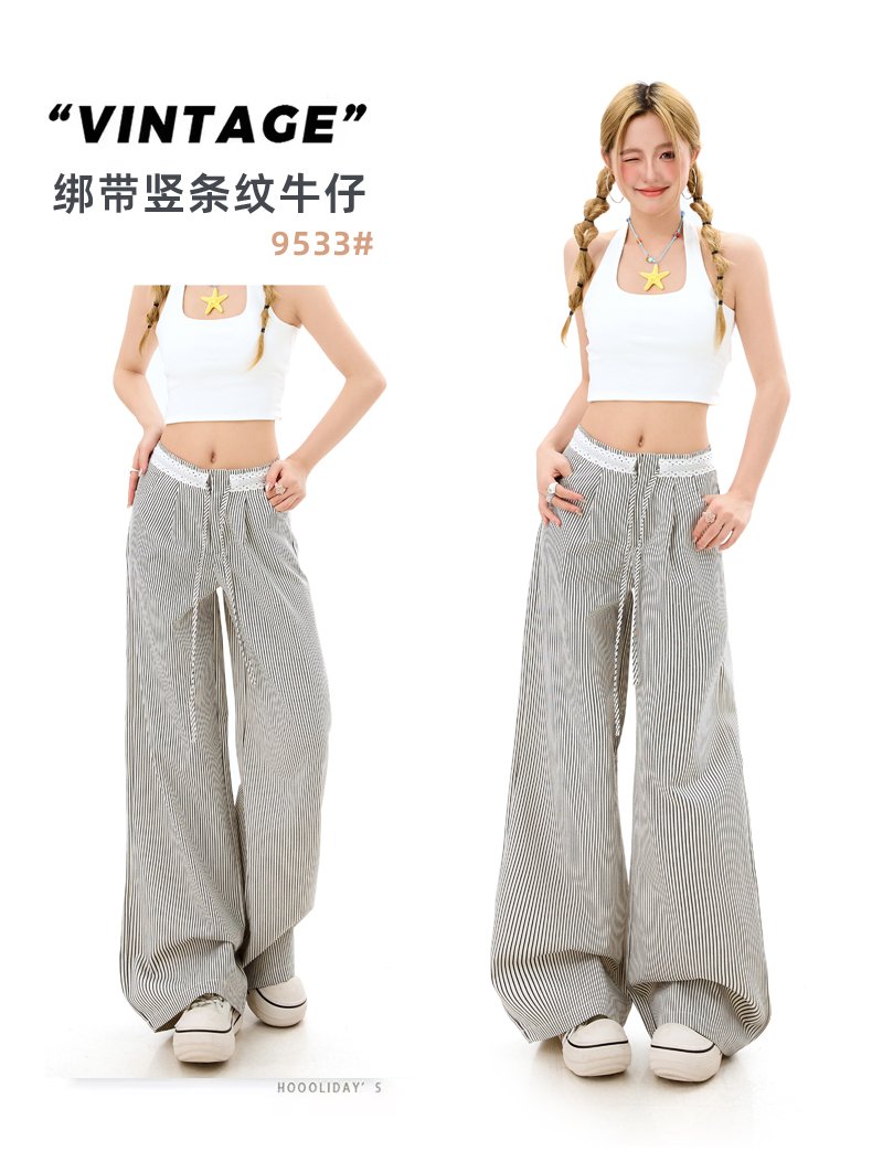 黑白色竪條紋褲女灰色蕾絲拼接高腰寬松闊腿休閒褲子 商品細節 3