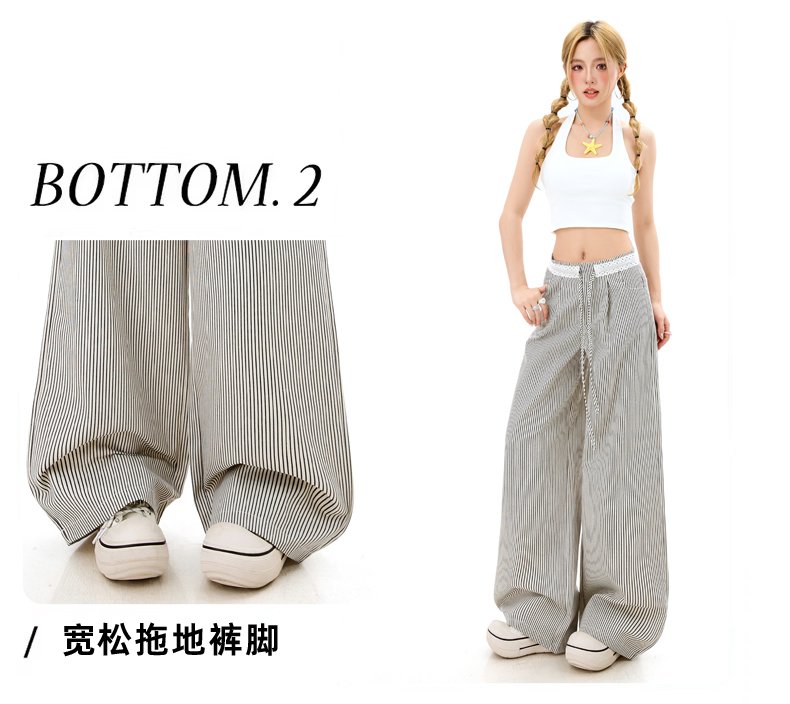 黑白色竪條紋褲女灰色蕾絲拼接高腰寬松闊腿休閒褲子 商品細節 5