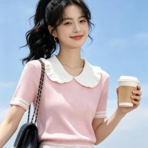 韓系chic撞色娃娃領短袖冰絲針織衫女夏季新款超好看顯瘦短款上衣・4 色可選 粉红色