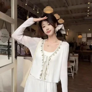溫柔風重工V領開衫冰絲防曬衣服夏季韓系配裙子針織空調衫薄上衣・6 色可選