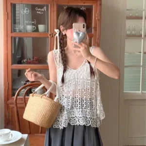 法式溫柔風杏色無袖背心半身裙套裝夏季鏤空設計・2色 色可選