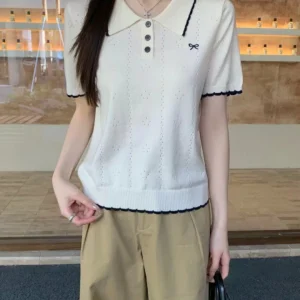 溫柔POLO領木耳邊短袖針織衫女2026夏季新款撞色邊修身顯瘦上衣・5 色可選