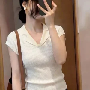 粉色翻領小飛袖針織T恤女裝夏季休閒修身顯瘦打底衫百搭套頭上衣・2 色可選