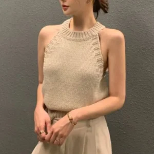 法式性感掛脖露肩針織背心女2026夏季白色修身顯瘦內搭無袖上衣・3 色可選