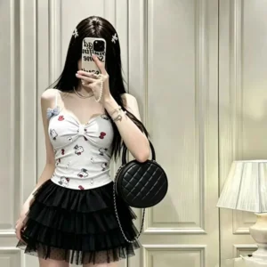 性感純欲辣妹風卡通圖案印花自帶胸墊吊帶顯瘦百搭女背心・4 色可選 黑色