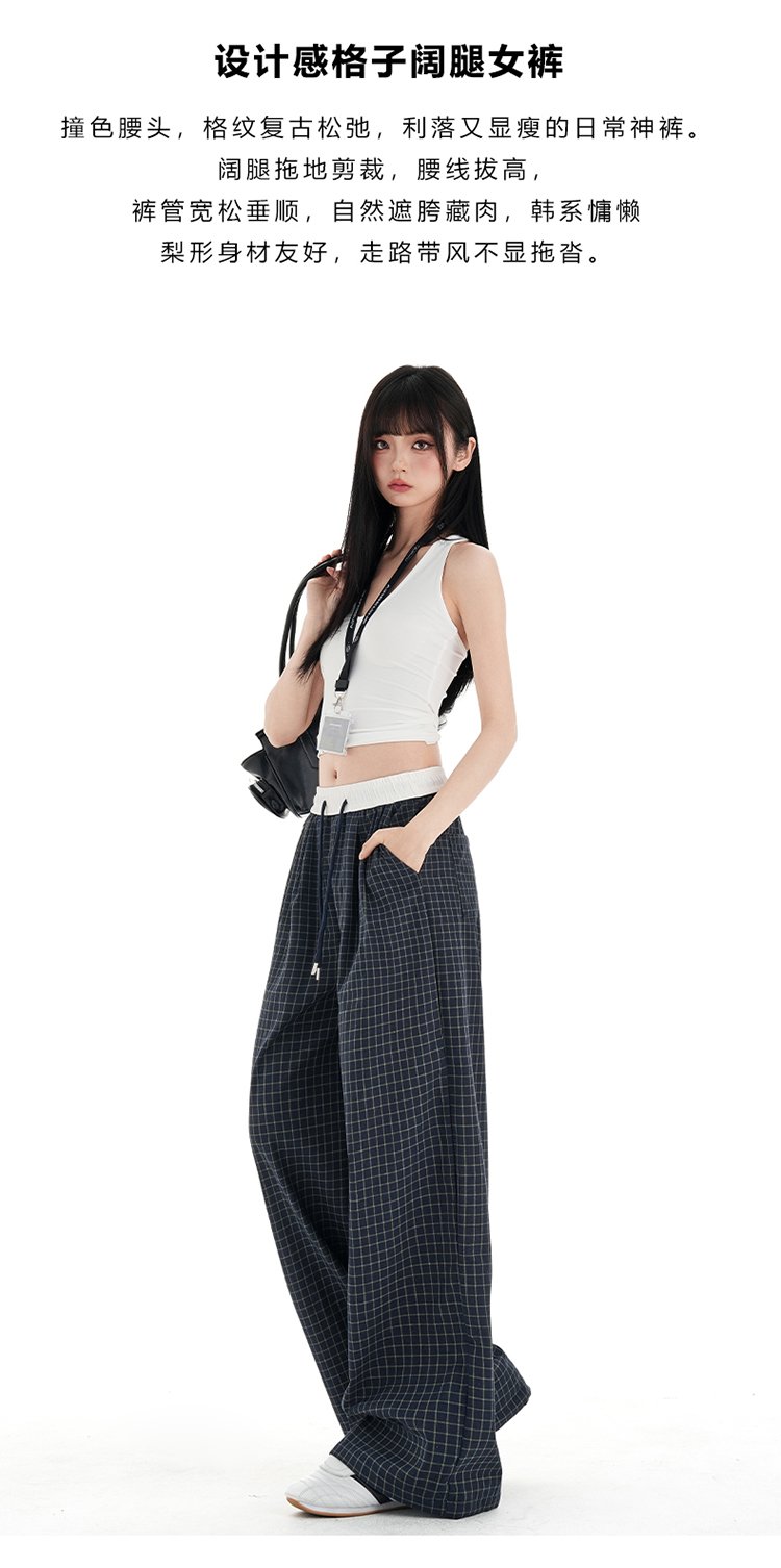 美式格子褲鬆弛感運動休閒褲女寬松直筒慵懶闊腿遛彎褲子 商品細節 2