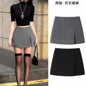 黑色／灰色・高腰・包臀・開叉・裙褲