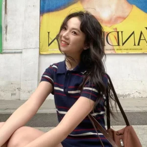 法式藍色條紋POLO連衣裙女夏季2026新款小個子設計感小眾收腰裙子
