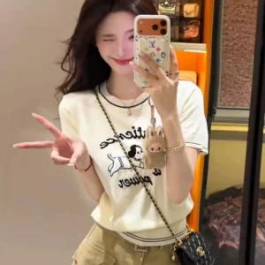 韓系杏色小狗提花針織短袖T恤女夏季薄款小個子修身顯瘦短款上衣・3 色可選