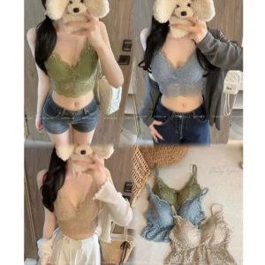 蕾絲美背吊帶背心女夏季外穿短款內搭帶胸墊無袖抹胸打底內衣上衣・3 色可選 卡其色