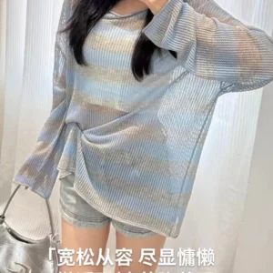 條紋針織防曬罩衫女鏤空冰絲長袖上衣2026新款夏寬鬆吊帶外搭・2 色可選