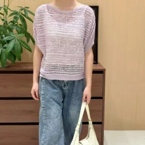 設計感甜美氛圍感橫向鏤空條紋亮片點綴套頭短袖・4 色可選 紫色