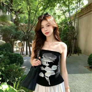 帶胸墊肩帶可拆畫素玫瑰印花抹胸吊帶背心女修身打底上衣・2 色可選