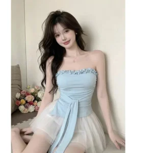 韓系溫柔風花邊抹胸背心女夏季純欲設計感顯瘦百搭不規則綁帶上衣・5 色可選